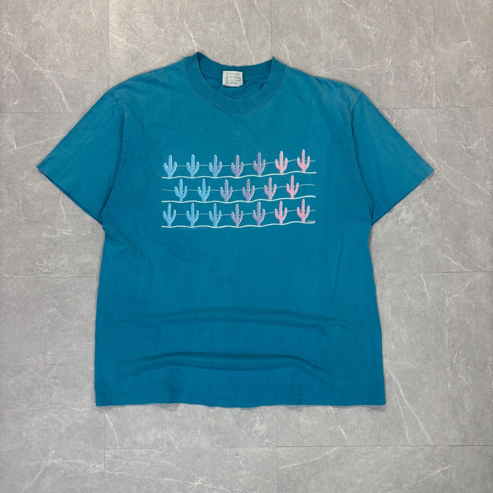 Vintage Hanes Beefy-T Single Stitch Cactus Graphic T-Shirt Teal Blue Mens L